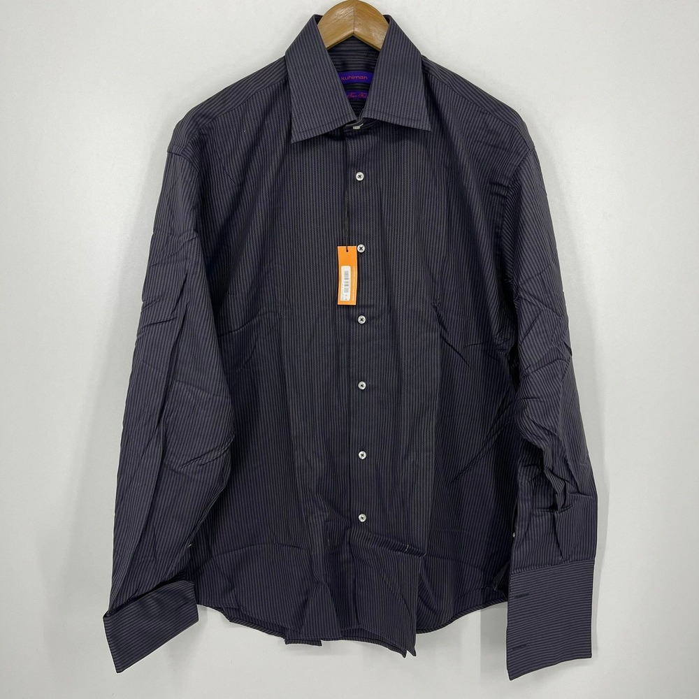 Kuhlman Mens 80s Two Fold Cotton Herringbone Dress Shirt Size 42 Black LS